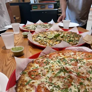 Tomato pizza, pizza of the day, and mushroom pizza
