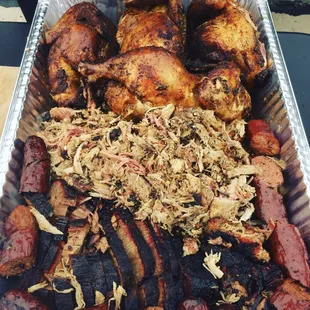 Yummy PARTY PLATTER! Chicken, Pulled Pork, Beef Brisket, Spicy Polish