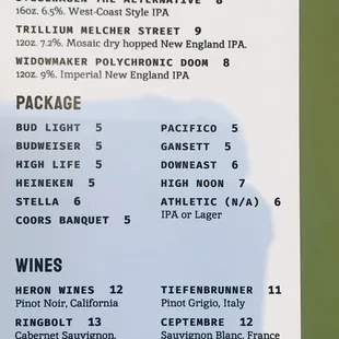 Drinks menu