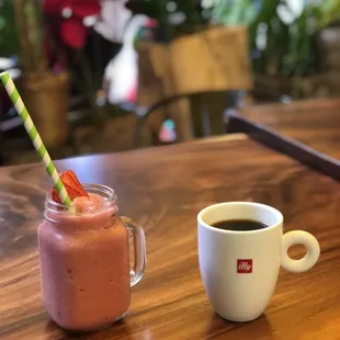 Strawberry Banana Smoothie and Gourmet Illy Coffee