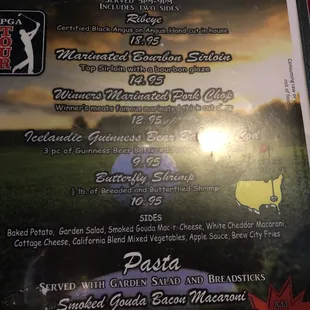a menu for a golf tournament