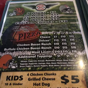 a menu for a pizza restaurant