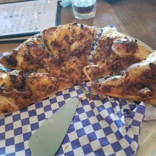 Sloppy Bob pizza good crust, fantastic topping, just needs more topping. Was this the bottom of the pan?