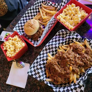 Sloppy Joe sandwich &amp; Loaded fries with Sloppy Joe with side of Mac!