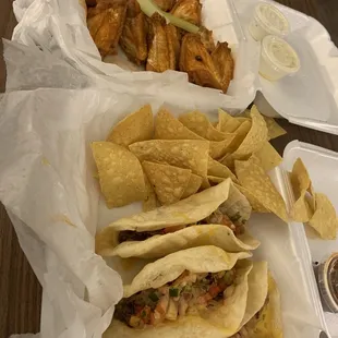 Extra hot wings (all flats), 3 puffy taco combo w/ chips and salsa