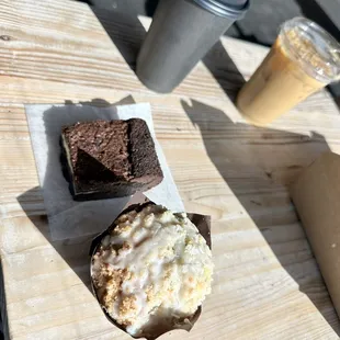 Salted Caramel Latte, Cheesecake brownie, and lemon poppy seed muffin