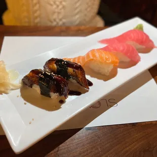 Eel Unagi, Salmon, Tuna nigiri