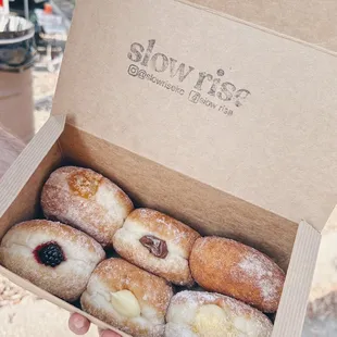 sourdough donuts: sweet corn, blackberry lime, country peach, nutella, bavarian, classic cinnamon