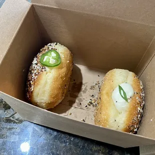 Everything Donut with cream cheese filling and jalapeño cheddar.