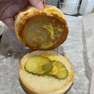 Traditional slug burger is onion, pickles, and mustard.  (I didn't get onions)