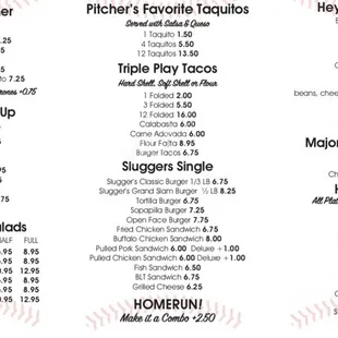Sluggers diner menu