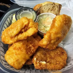 Three piece beer battered cod with potato pancake