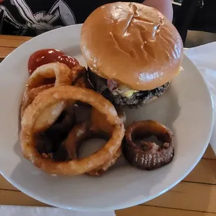 Grand slam burger with onion rings