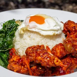 Spicy Crispy Chicken Rice w fried egg and basil