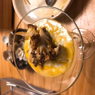 Off menu mushroom purée with egg, noodles, bacon and fried mushroom whatuppp