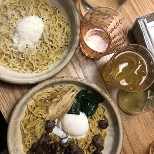 Yuzu green tea ($4), creme de bacon ($23), steak mazemen ($21 + $2 poached egg)