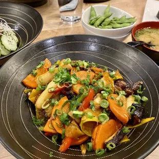 Kinoko Mochi ($17) - stir fried rice cakes w/ red peppers, asparagus, mushroom, eggplant, kabocha, parmesan, scallions