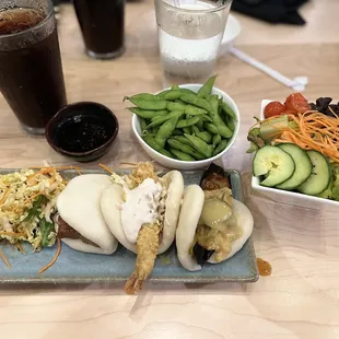 Edamame, Pork Belly Bao, Vegetarian Bao, Shrimp Tempura Bao and House Salad