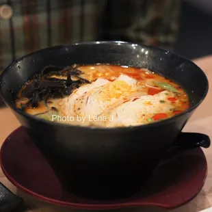 Spicy Miso Tonkotsu Ramen ($17) - chicken, spicy pork miso, buttered corn, bamboo shoots, bean sprouts, woodear