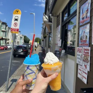 Blue Raspberry Homemade Slush Large and Mango Slush with Soft Serve Ice Cream Large