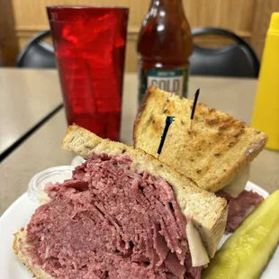 Corned Beef Sandwich and pickle spear