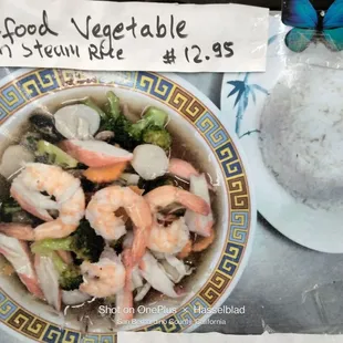 a bowl of shrimp and broccoli