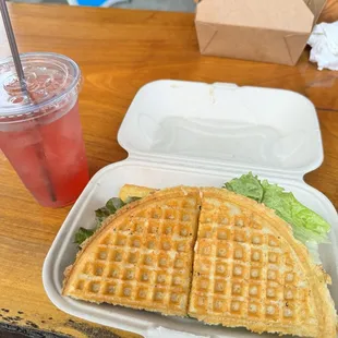 Vegan club with added melted vegan cheese &amp; hibiscus iced tea