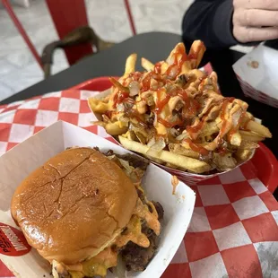 Impossible burger and cheese fries