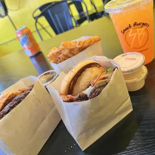 Hellapeno burger and the bacon burger (don't remember the name) and waffle fries