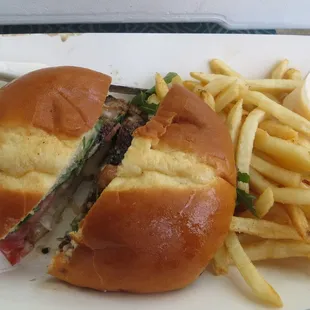 Lamb of Gouda Burger!  So good!  Next time, no pink inside for me, please! The last time I ordered the same: No Gouda and not thin fries.