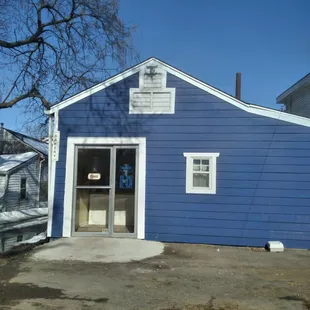 blue building with white trim