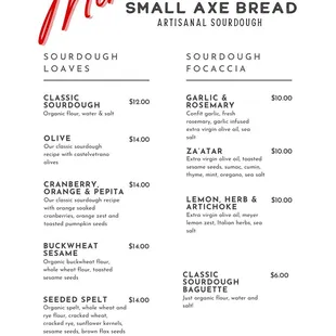 Small Axe Bread weekend menu and prices