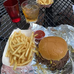 Double Pleaser Burger and fries