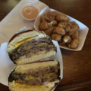 The Pleaser Burger + fired egg, fried cheese curds and pleasure sauce on the side