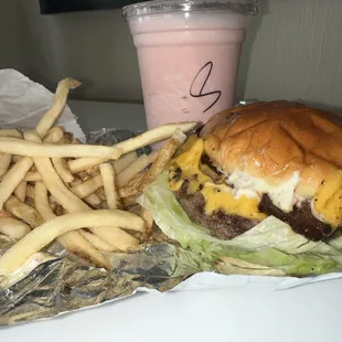 Single Cheeseburger, Golden Fries &amp; Strawberry Shake