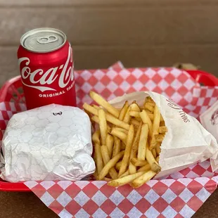 Cheeseburger, Fries, and a can coke...