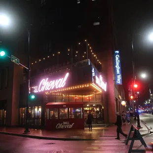 Evening view of their corner storefront.