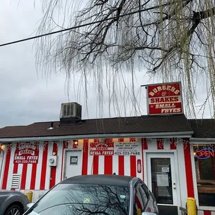 a red and white striped building