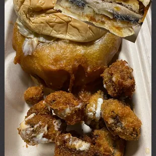 Deep fried portobello mushroom sandwich with a choice of Panko or tempura. $12. Combo with poppers $15.