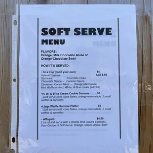 Soft Serve Menu