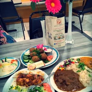Chicken Tawook n Fatoush Salad, Mixed Lamb and Chicken Curry, Falafel plate n Hummus