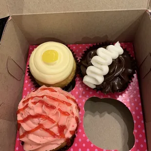 Lemon drop cupcake, strawberry cupcake, and Hostess chocolate cupcake