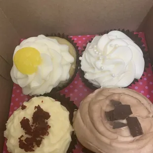 Clockwise from top left- lemon drop, wedding cake, chocolate frosted, red velvet (by far the best)