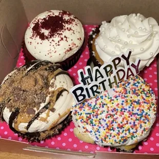 Clockwise from top L - Red Velvet, Wedding Cake, Birthday Cake, Peanut Butter Chocolate