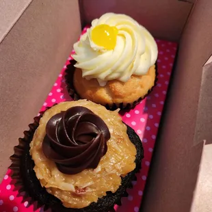 German chocolate cake and vanilla with lemon icing.