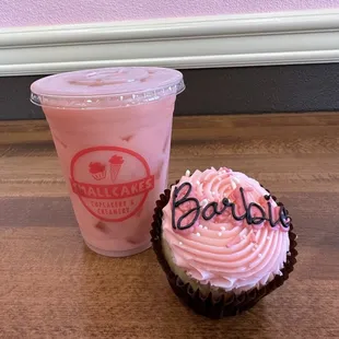 Iced strawberry drink and Barbie pink cupcake