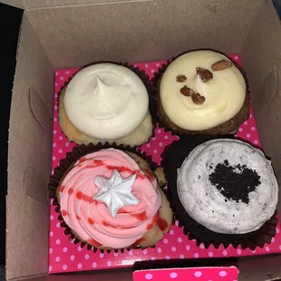 (Left to right) Butter Cake Cupcake, Carrot Cake Cupcake, Strawberry Cupcake, Cookies N Cookies-N-Cream Chocolate Cupcake.