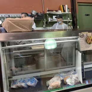 a counter with a variety of food items