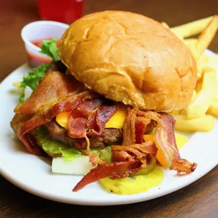 One of our best selling items are our cheeseburgers! You can get this burger with bacon, avocado, or mushrooms.