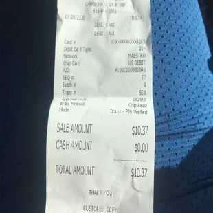 a receipt for a cash amount